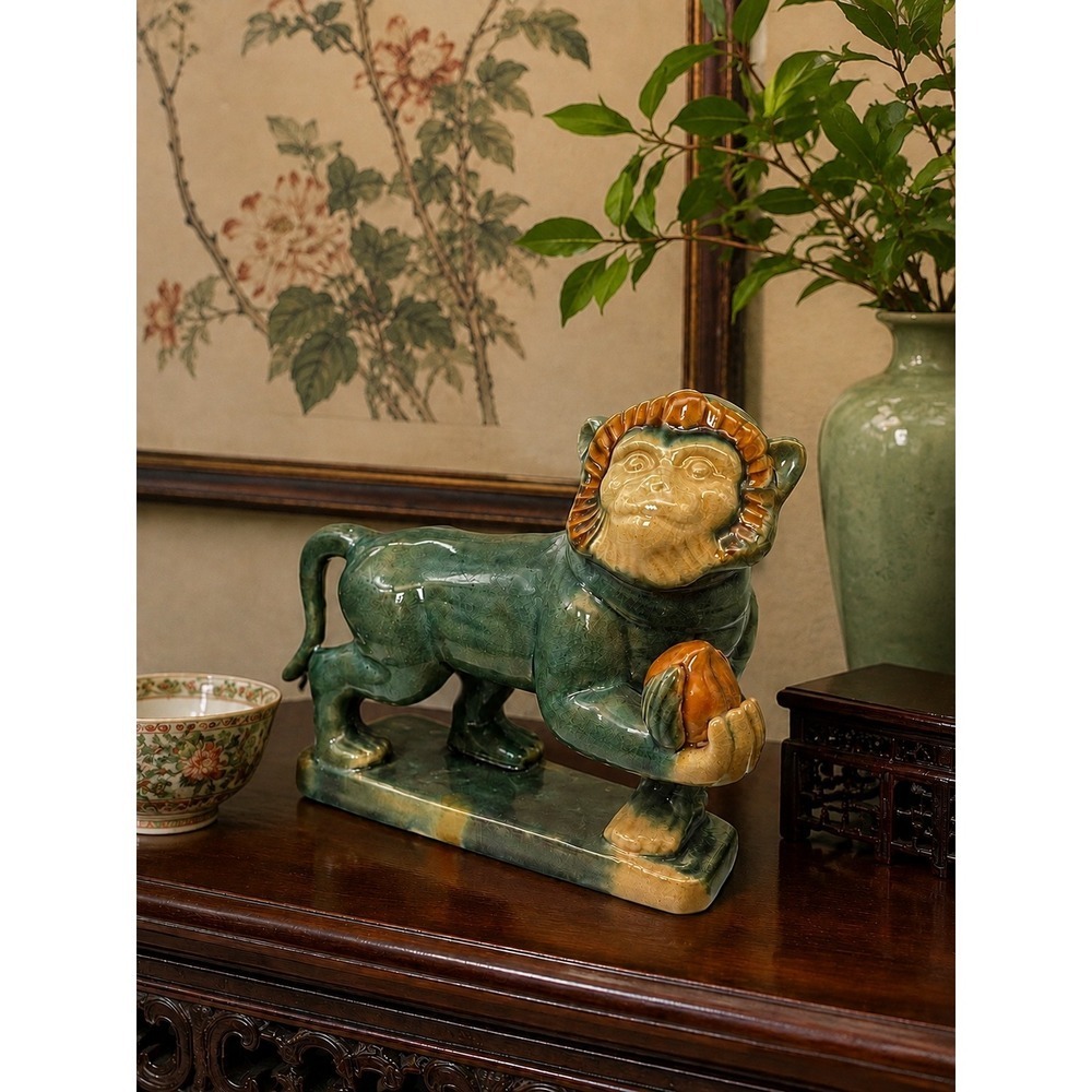 Vintage Green Glazed Ceramic Monkey Figurine Holding Peach Chinoiserie Statue